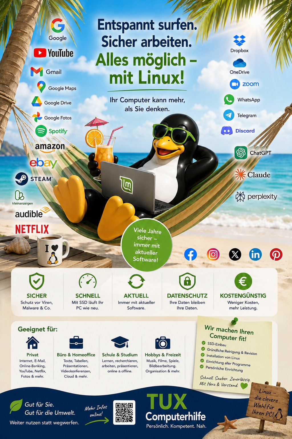 Entspannter Tux am Strand mit Laptop